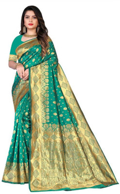 GINNYPRINTS Self Design, Floral Print, Embellished, Woven, Applique Kanjivaram Jacquard, Pure Silk Saree(Light Green)