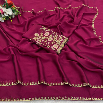 JIVI CLOTHING Self Design, Solid/Plain, Embroidered Bollywood Chiffon Saree(Maroon)