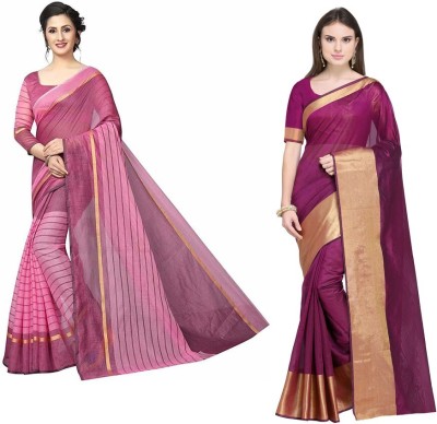 Saadhvi Geometric Print Daily Wear Cotton Silk Saree(Pack of 2, Magenta, Pink)
