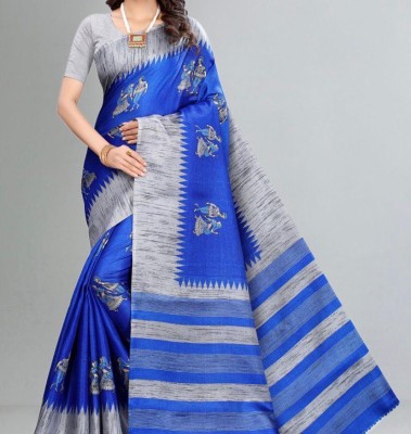 Grubstaker Printed Assam Silk Art Silk Saree(Blue)