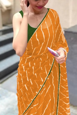 Qyra Printed Leheria Georgette Saree(Yellow)