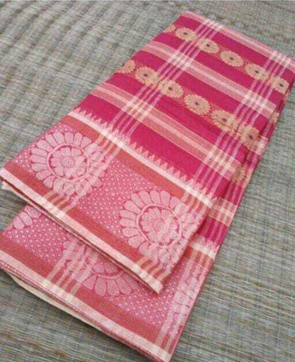 Ghosh handloom Temple Border Tant Cotton Blend Saree(Yellow)