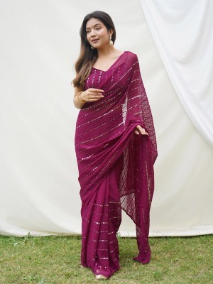 QUEDDY'S Striped Bollywood Georgette Saree(Maroon)