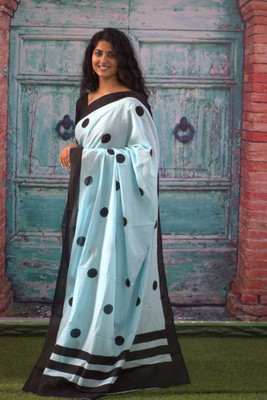 NIKHILAM Printed Ikkat Pure Cotton Saree(Light Blue)