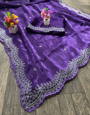NOECULTURE Embroidered, Floral Print, Solid/Plain Bollywood Jimmy choo Saree(Purple)