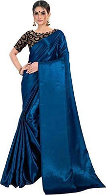 Aruna Sarees Solid/Plain Bollywood Satin Saree(Dark Blue)