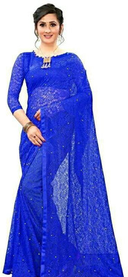 SAREEYA16 Floral Print Bollywood Net Saree(Dark Blue)