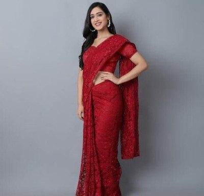 SwiftStyle Solid/Plain Bollywood Net Saree(Red)