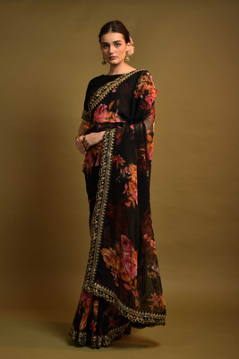 Divastri Floral Print Bollywood Georgette Saree(Black)