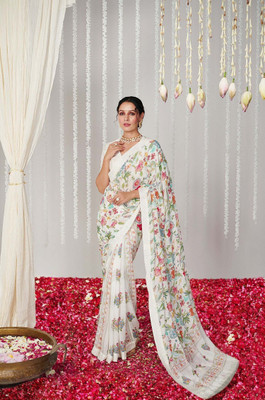 RAJESHWAR FASHION Floral Print Bollywood Silk Blend Saree(White, Multicolor)