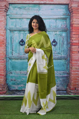 Jaipuri Print Printed, Blocked Printed, Color Block, Dyed, Floral Print Daily Wear Pure Cotton Saree(Green)