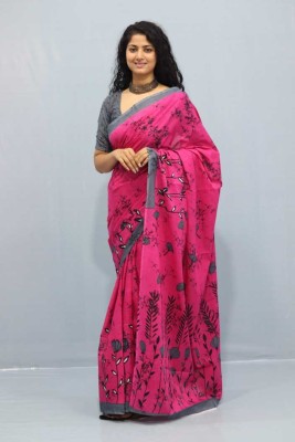 NIKHILAM Printed Daily Wear Pure Cotton Saree(Pink)