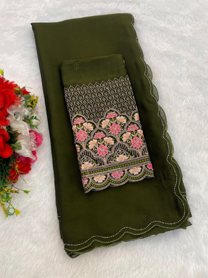SHIV FASHION Solid/Plain Bollywood Chiffon Saree(Light Green)