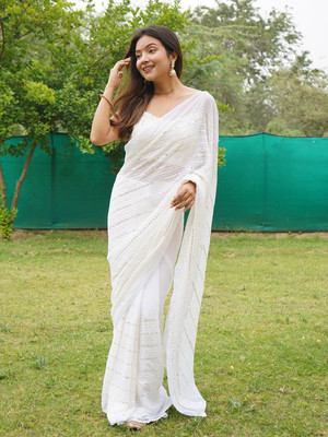 QUEDDY'S Striped Bollywood Georgette Saree(White)