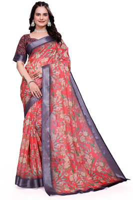 HouseOfCommon Floral Print Bollywood Cotton Linen Saree(Red)