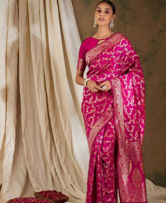 Om Creation Self Design Banarasi Polyester Saree(Pink)