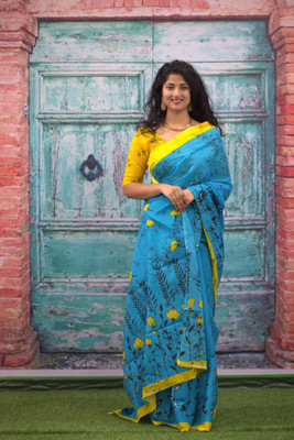NIKHILAM Printed Ikkat Pure Cotton Saree(Light Blue)