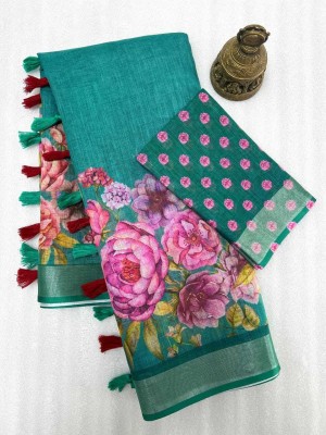 Million Brands Digital Print, Self Design Assam Silk Cotton Linen, Linen Saree(Dark Green)