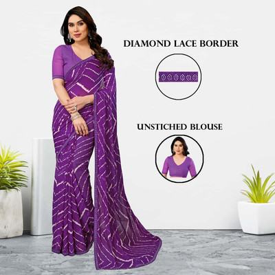 Anand Sarees Embellished, Striped, Printed Leheria Georgette Saree(Purple)