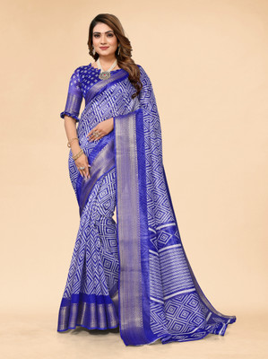 Hema Silk Mills Printed Bandhani Cotton Silk Saree(Blue)