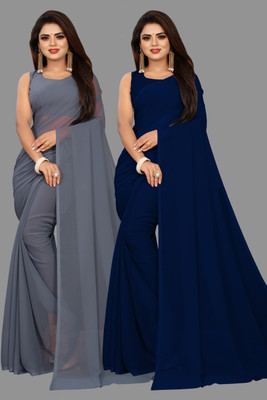 V And V Shop Solid/Plain Bollywood Georgette Saree(Pack of 2, Blue, Grey)