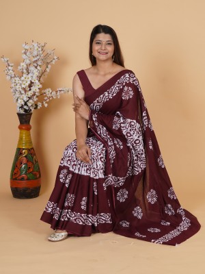 SUNDREESAREE Blocked Printed, Color Block, Floral Print, Printed Ikkat Pure Cotton Saree(Maroon)