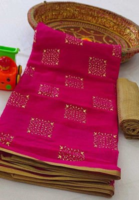 Desi Style Printed, Woven Daily Wear Net, Chiffon Saree(Pink)