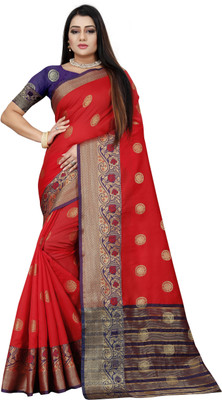 Indian Fashionista Self Design Daily Wear Silk Blend Saree(Red, Blue)