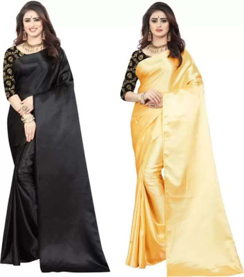 Aruna Sarees Solid/Plain Daily Wear Satin Saree(Pack of 2, Black, Gold)
