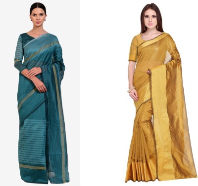 Saadhvi Geometric Print Daily Wear Cotton Silk Saree(Pack of 2, Dark Green, Mustard)