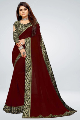 Jevlan Solid/Plain Bollywood Art Silk Saree(Maroon)