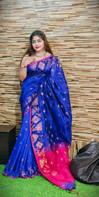 GHOSH TEXTILE Self Design Handloom Cotton Silk Saree(Dark Blue)