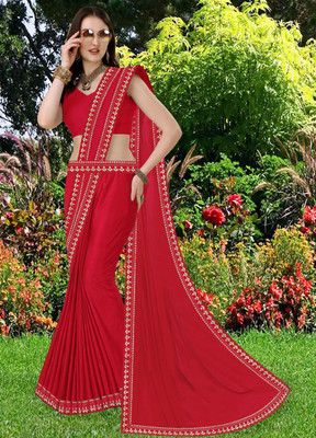 RichEraa Self Design Bollywood Lycra Blend, Chiffon Saree(Red)