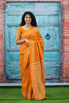 JAIPURI BLOCK PRINT Blocked Printed, Color Block, Dyed, Floral Print, Printed Daily Wear Pure Cotton Saree(Yellow)