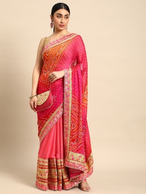 Tasrika Printed Bandhani Chiffon Saree(Pink)