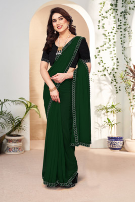 HIJA TRENDZ Embellished, Solid/Plain Bollywood Georgette Saree(Green)