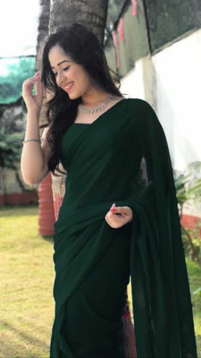 Prutha Fashions Solid/Plain Bollywood Georgette Saree(Dark Green)
