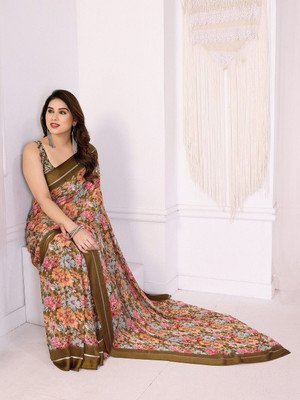 ROOP SUNDARI SAREES Floral Print, Printed Daily Wear Silk Blend Saree(Brown)
