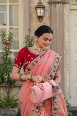Yozzby Embroidered Bollywood Net Saree(Orange)