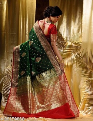 ANAYA SILK Woven Banarasi Satin Saree(Dark Green)