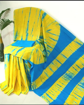 Sanganeri Print Printed, Color Block, Blocked Printed, Floral Print, Dyed Daily Wear Pure Cotton Saree(Yellow)