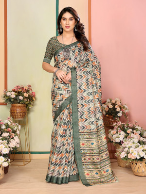 Moda Rapido Printed Daily Wear Cotton Linen Saree(Multicolor)