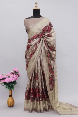 Kjs Floral Print Daily Wear Cotton Blend Saree(Beige)