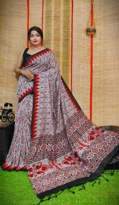 Shrutisareeghar Printed Handloom Cotton Blend Saree(Grey)