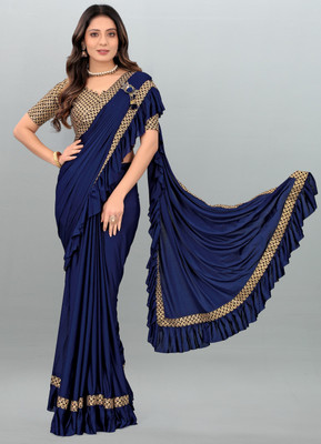 HouseOfCommon Solid/Plain Bollywood Lycra Blend Saree(Dark Blue)