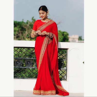Rekishn Embroidered Daily Wear Georgette Saree(Red)