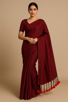 SMRITI HANDLOOM Solid/Plain Handloom Handloom Pure Cotton Saree(Maroon)