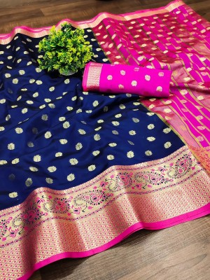 DHABUDI Paisley, Temple Border, Woven Banarasi Pure Silk, Jacquard Saree(Blue, Pink)