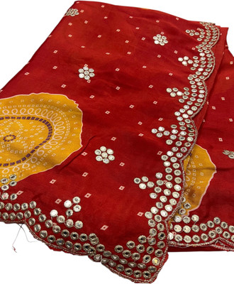 HouseOfCommon Embroidered, Embellished Bandhani Crepe, Art Silk Saree(Red)