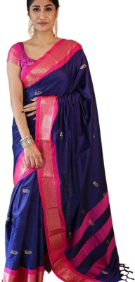 NST5 Solid/Plain Paithani Cotton Silk, Polyester Saree(Dark Blue)
